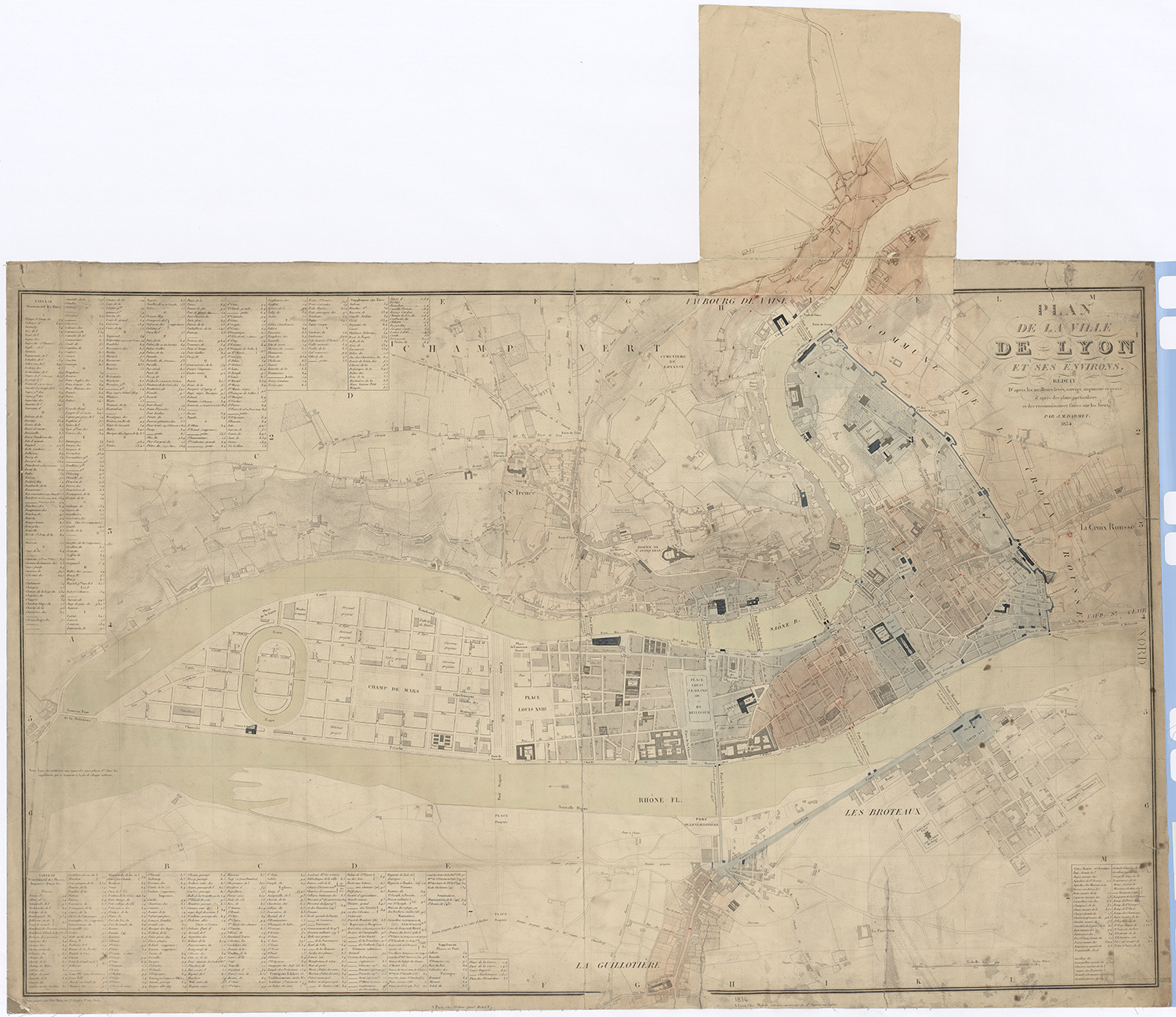 Carte des combats d’avril 1834 : en bleu, les zones tenues par l’armée; en rose les zones tenues par les insurgés (AML, 2S/263)