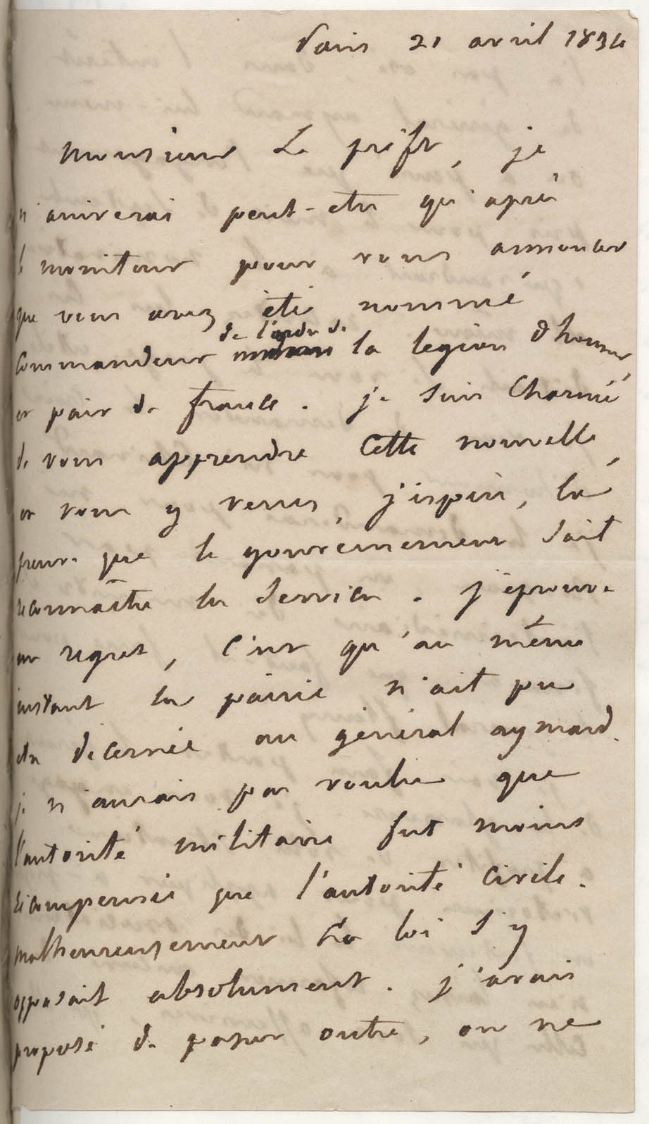Lettre autographe signée d’Adolphe Thiers annonçant à Gasparin sa promotion dans l’ordre de la Légion d’honneur (extrait), 21 avril 1834 (AML, 4II/4)