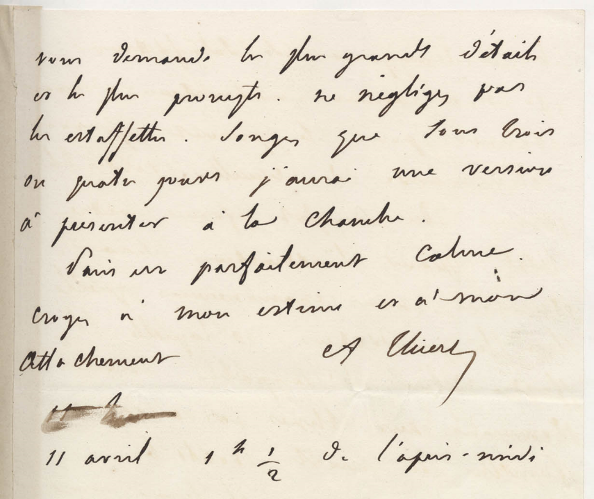« Le sang français a coulé et nous en sommes désolés, mais le Roi et le Conseil me chargent de vous témoigner la satisfaction du gouvernement… », lettre autographe signée d’Adolphe Thiers à Adrien de Gasparin, 11 avril 1834 (AML, 4II/5).